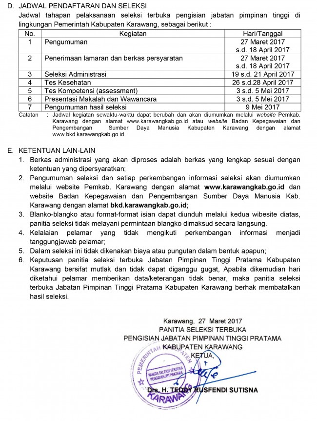 Pengumuman Seleksi Tahun 2017- karawang 3