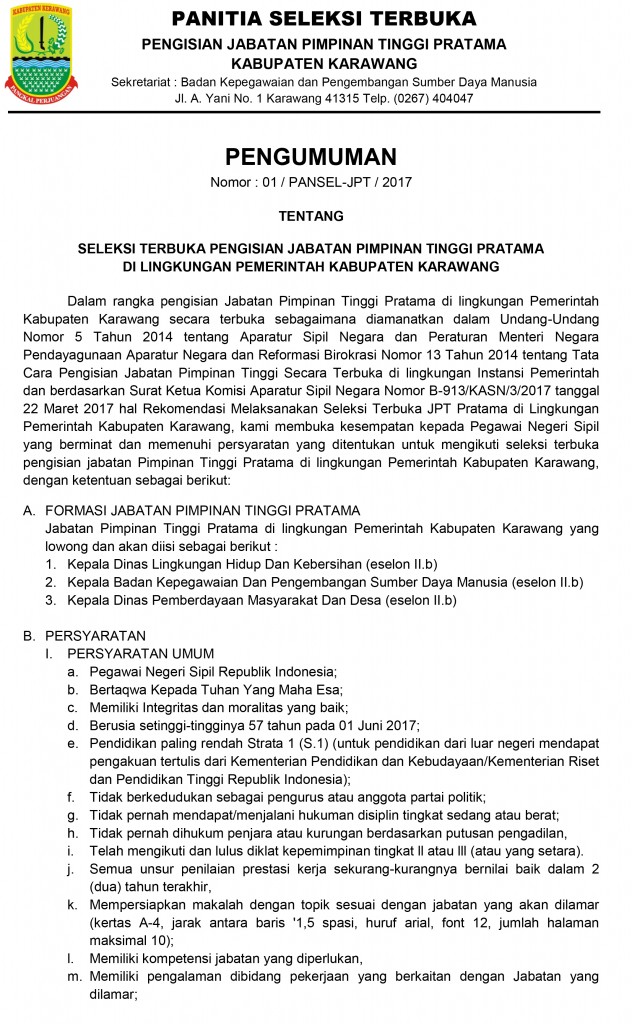 Pengumuman Seleksi Tahun 2017 karawang