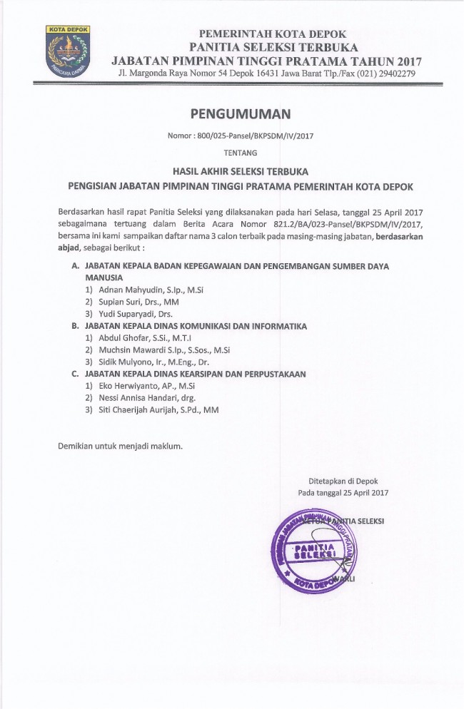 pengumuman hasil seleksi jpt